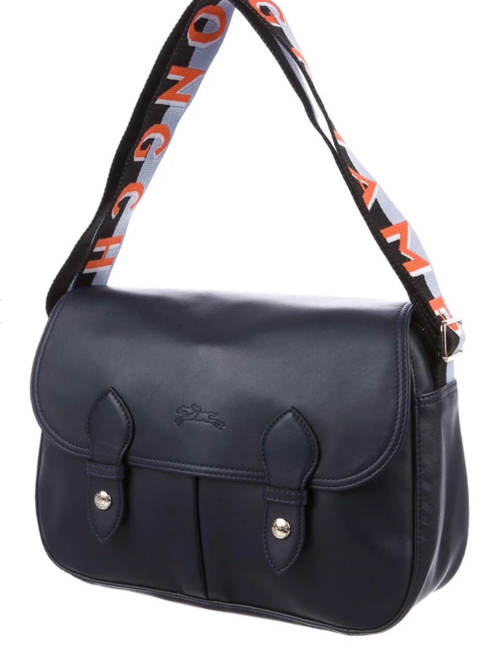Longchamp Navy Blue Leather Messenger Bag with Branded Strap